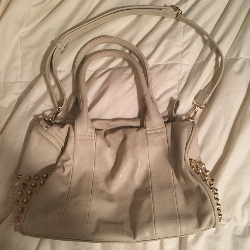 Studded beige bowler bag